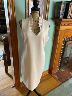 Calvin Klein Blush Ruffle V-Neck Midi Dress